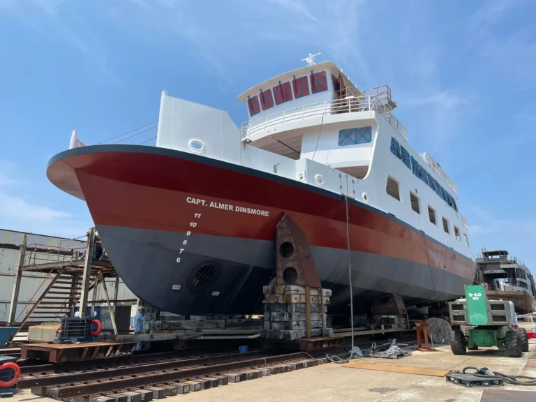 M/V Capt. Almer Dinsmore, a hybrid diesel/electric 154' ROPAX ferry designed by Gilbert Associates, on the building ways