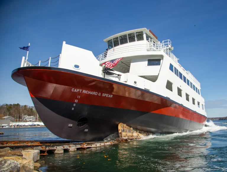 Launch of the 154' M/V Capt. Richard G. Spear passenger and vehicle ferry designed by Gilbert Associates for MaineDOT