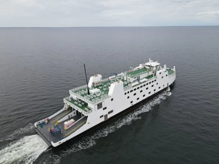Aerial view of the 300' passenger and vehicle ferry M/V Long Island underway